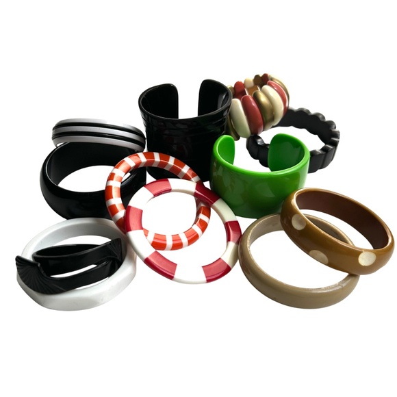 Jewelry - A Dozen Lucite, Plastic, & Celluloid  Bangle Bracelets, Cuffs, Stretchies